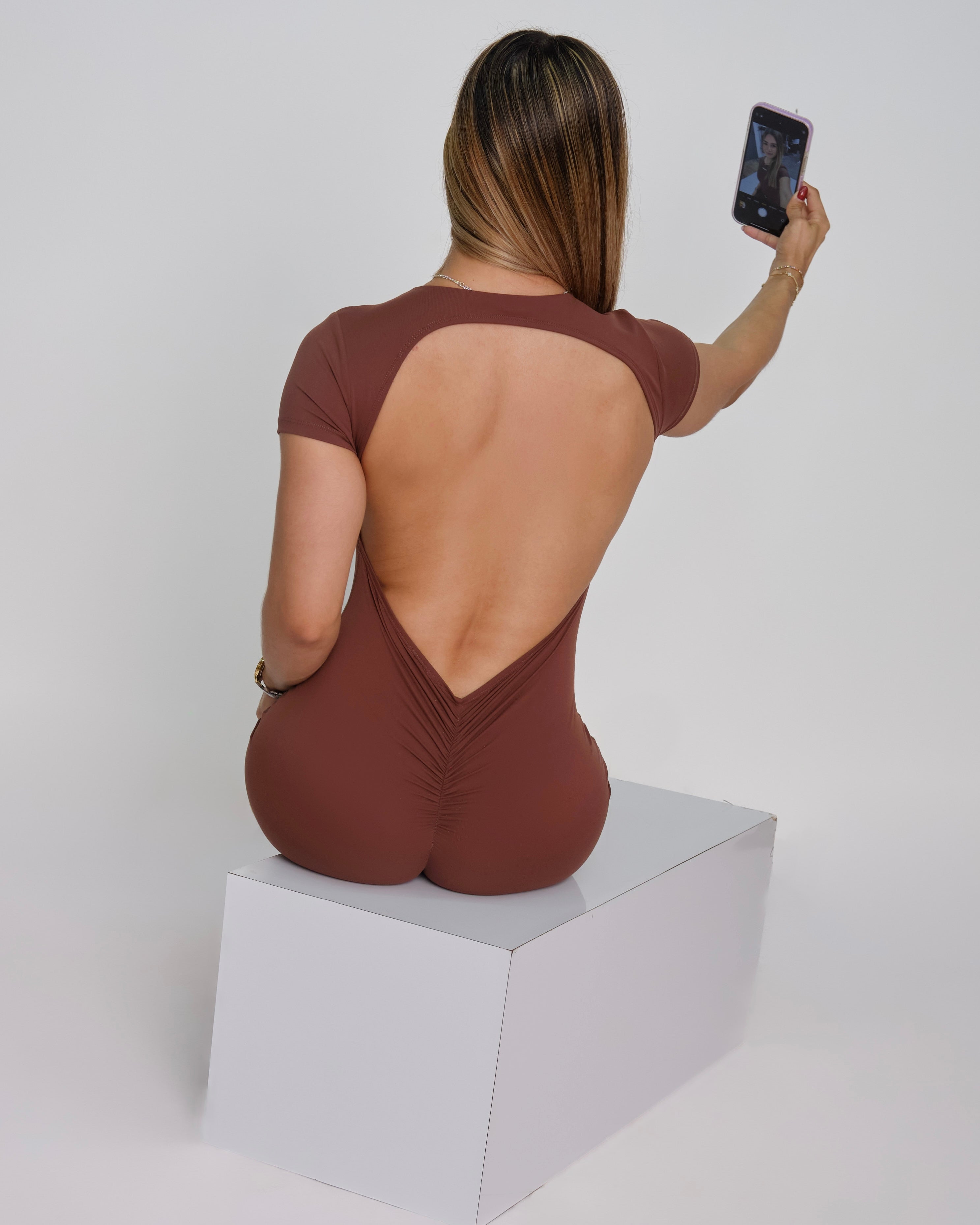 Backless Short-Sleeve Flare Jumpsuit (Brown)