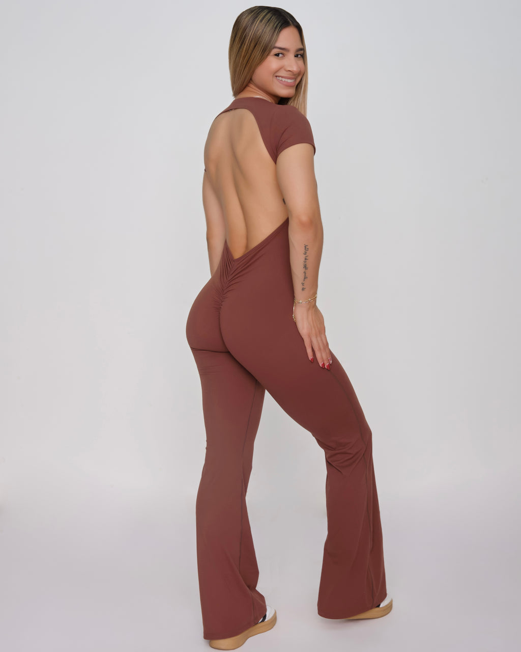 Backless Short-Sleeve Flare Jumpsuit (Brown)