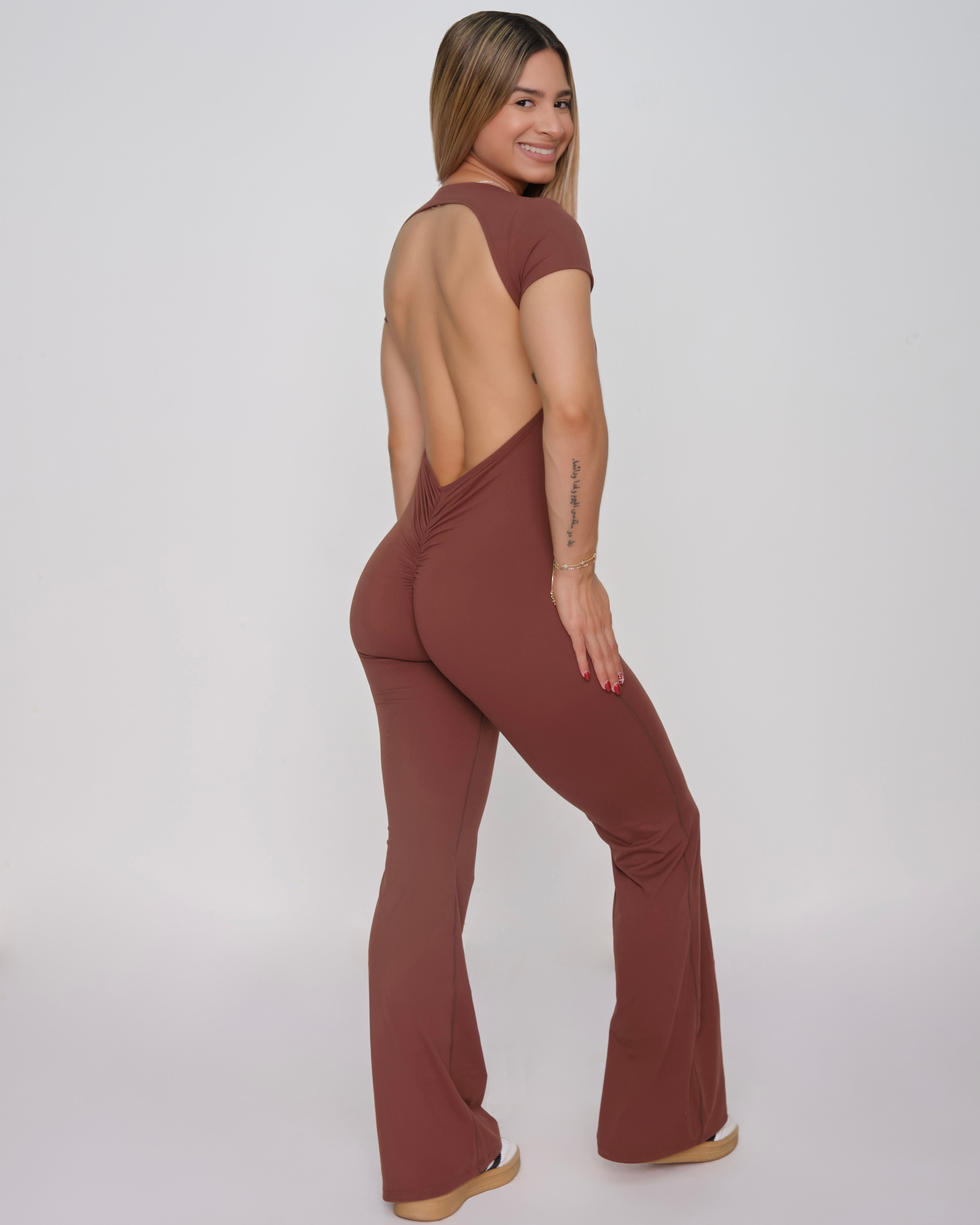 Backless Short-Sleeve Flare Jumpsuit (Brown)