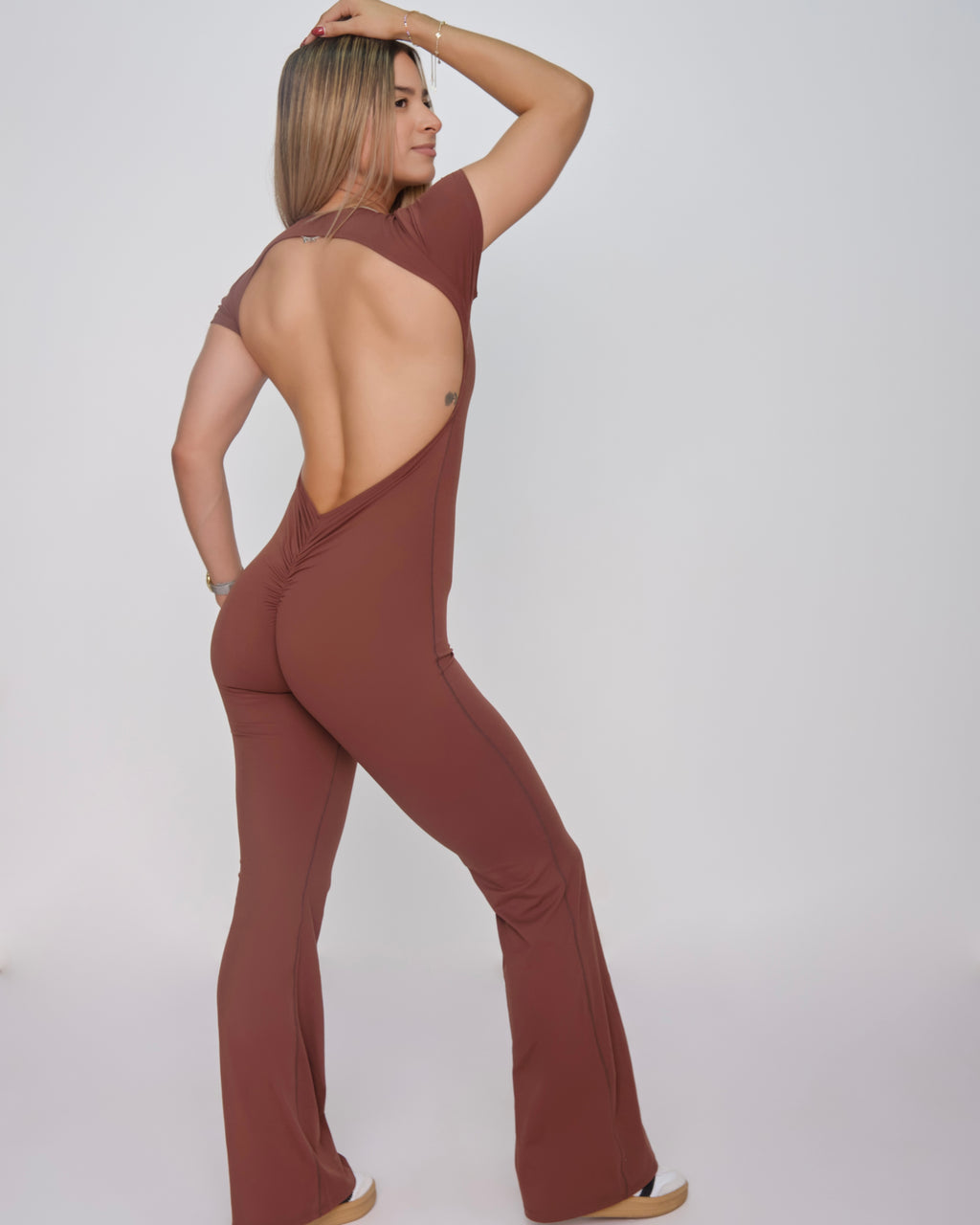Backless Short-Sleeve Flare Jumpsuit (Brown)