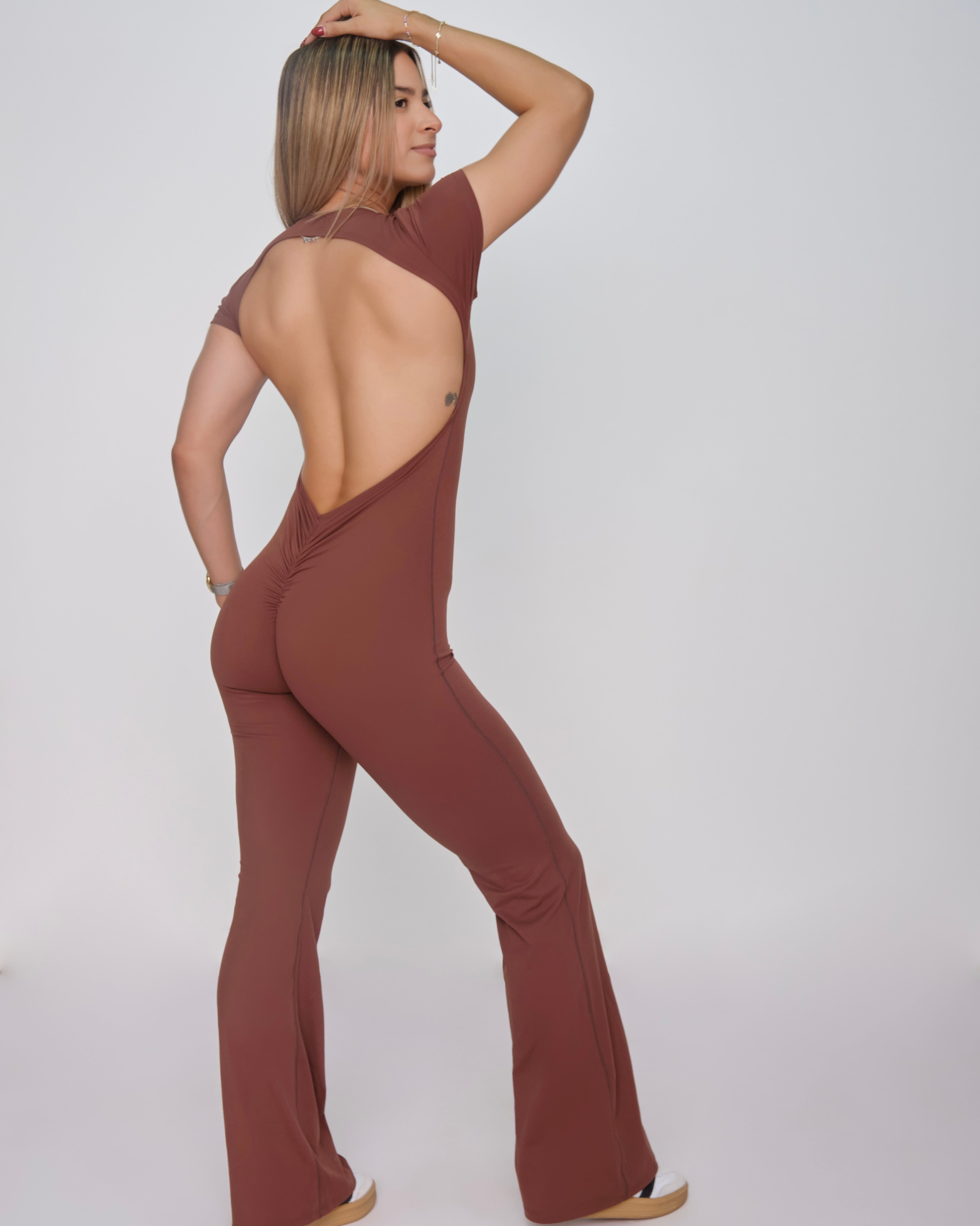 Backless Short-Sleeve Flare Jumpsuit (Brown)